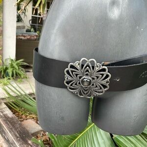 Toscablu , moonstone and pewter belt, buckle, wide, leather statement, b…